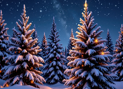Las, Drzewa, Choinki, Światełka, Zima, Niebo, Gwiazdy, Grafika AI