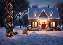 Boże Narodzenie, Zima, Dom, Światła, Noc, Grafika, 2D