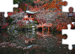 Kompleks świątynny Daigo-ji, Świątynia Benten-do, Mostek, Staw, Jesień, Drzewa, Kioto, Japonia