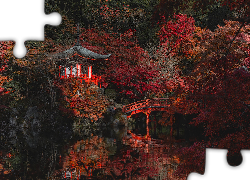 Japonia, Kioto, Świątynia, Bentendo Temple, Kompleks Daigo-ji, Drzewa, Mostek, Jesień, Odbicie