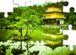 Park, Staw, Drzewa, Świątynia Kinkaku-ji, Złoty Pawilon, Kioto, Japonia