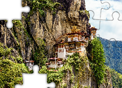 Świątynia, Paro Taktsang, Góry, Skały, Drzewa, Bhutan
