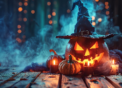 Halloween, Dynia, Kapelusz, Dym, Świece, Grafika AI