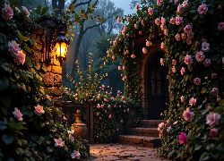 Ogród, Świecący, Lampa, Mur, Różowe, Kwiaty, Schody, Drzwi