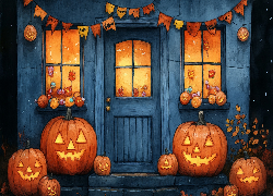 Halloween, Dynie, Dom, Oświetlony