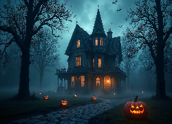 Halloween, Dynie, Dom, Nietoperze, Mgła