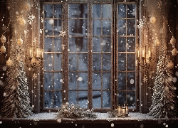 Okno, Śnieżynki, Świece, Gałązki, Choinki, Zima, Boże Narodzenie