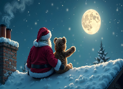 Zima, Pluszowy, Miś, Święty, Mikołaj, Dach, Księżyc