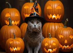 Halloween, Kot, Kapelusz, Dynie, Grafika AI