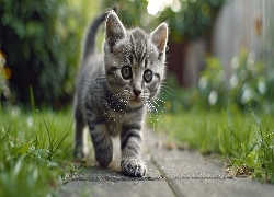 Kot, Szary, Kotek, Chodnik, Trawa, Grafika AI