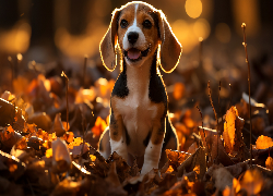 Pies, Beagle, Szczeniak, Liście, Jesień, Grafika AI