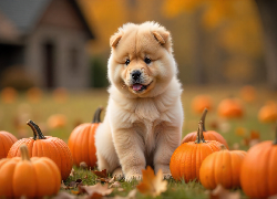 Pies, Szczeniak, Chow chow, Dynie, Liście, Jesień, Grafika AI
