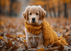 Pies, Szczeniak, Golden retriever, Szalik, Wełniany, Liście, AI