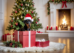 Prezent, Pies, Szczeniak, Choinka, Kominek, Boże Narodzenie, Grafika AI