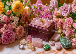 Kwiaty, Róże, Szkatułka, Kamienie, Biżuteria, Kompozycja