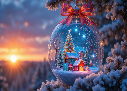 Boże Narodzenie, Szklana, Bombka, Czerwona, Kokarda, Choinki, Domki