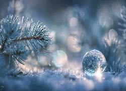 Szklana, Kulka, Śnieg, Gałązka, Iglak, Zima, Grafika AI