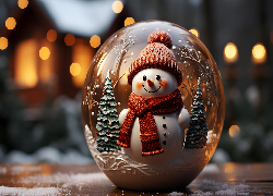 Zima, Śnieg, Szklana, Kula, Bałwan, Czapka, Szalik, Uśmiech, Dekoracja