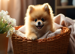 Pies, Szpic miniaturowy, Kosz, Koc, Białe, Kwiaty