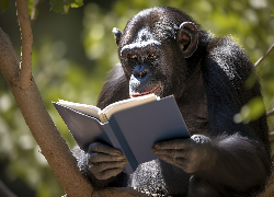 Szympans, Małpa, Książka, Drzewo