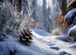 Szyszka, Zima, Śnieg, Rośliny, Grafika AI