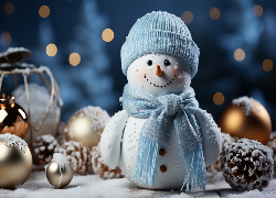 Zima, Śnieg, Bałwanek, Czapka, Szalik, Szyszki, Bombki, Dekoracja
