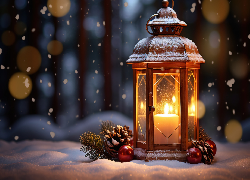 Śnieg, Lampion, Świeca, Gałązki, Szyszki, Bombki, Noc, Boże Narodzenie