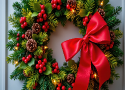 Kokarda, Szyszki, Światełka, Jagody, Wieniec, Ozdoba, Boże Narodzenie, Grafika AI