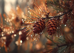 Szyszki, Sosna, Krople, Deszczu, Bokeh, Grafika AI