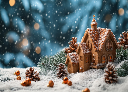 Zima, Domek, Szyszki, Zielone, Gałązki, Dekoracja, Świąteczna