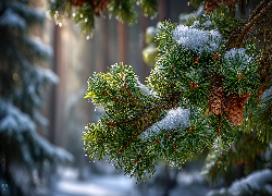 Gałąź, Świerk, Śnieg, Szyszki, Zima, Grafika AI