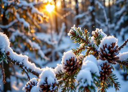 Ośnieżona, Gałąź, Szyszki, Las, Zachód słońca, Grafika AI