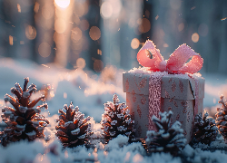 Prezent, Wstążka, Kokarda, Szyszki, Śnieg