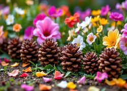 Kolorowe, Kwiaty, Szyszki, Płatki
