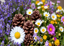 Kolorowe, Kwiaty, Lawenda, Stokrotki, Szyszki