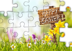 Wielkanoc, Napis, Happy Easter, Kwiaty, Krokusy, Żonkile, Gerbery, Motyl