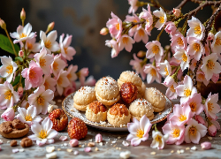 Ciasteczka, Talerz, Różowe, Drobne, Kwiaty