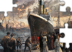 Grafika, Statek, Titanic, Ludzie, Port