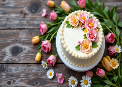 Tort, Ciasto, Kwiaty, Taca, Deski