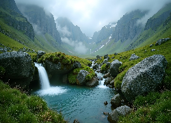 Rzeka, Kamienie, Trawa, Dolina, Góry, Grafika AI