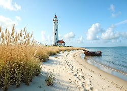 Latarnia morska, Plaża, Morze, Łódka, Trawa