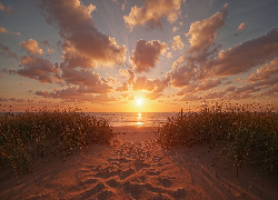 Plaża, Zachód Słońca, Niebo, Chmury, Trawa, Plaża, Niebo