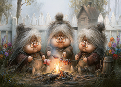 Trzy, Babcie, Ognisko, Grill, Grafika AI