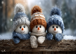 Trzy, Bałwanki, Czapki, Grafika AI