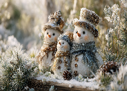 Trzy, Bałwany, Kapelusze, Szaliki, Grafika AI