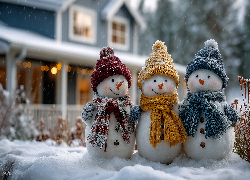 Trzy, Bałwanki, Kolorowe, Czapki, Szaliki, Zima, Grafika AI