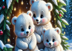 Trzy, Białe, Misie, Choinka, Śnieg