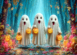 Halloween, Trzy, Duchy, Dynie, Las, Grafika AI