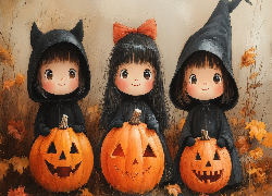 Halloween, Trzy, Dziewczynki, Stroje, Dynie, Liście