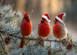 Trzy, Ptaki, Kardynały, Gałązka, Sosna, Grafika AI
